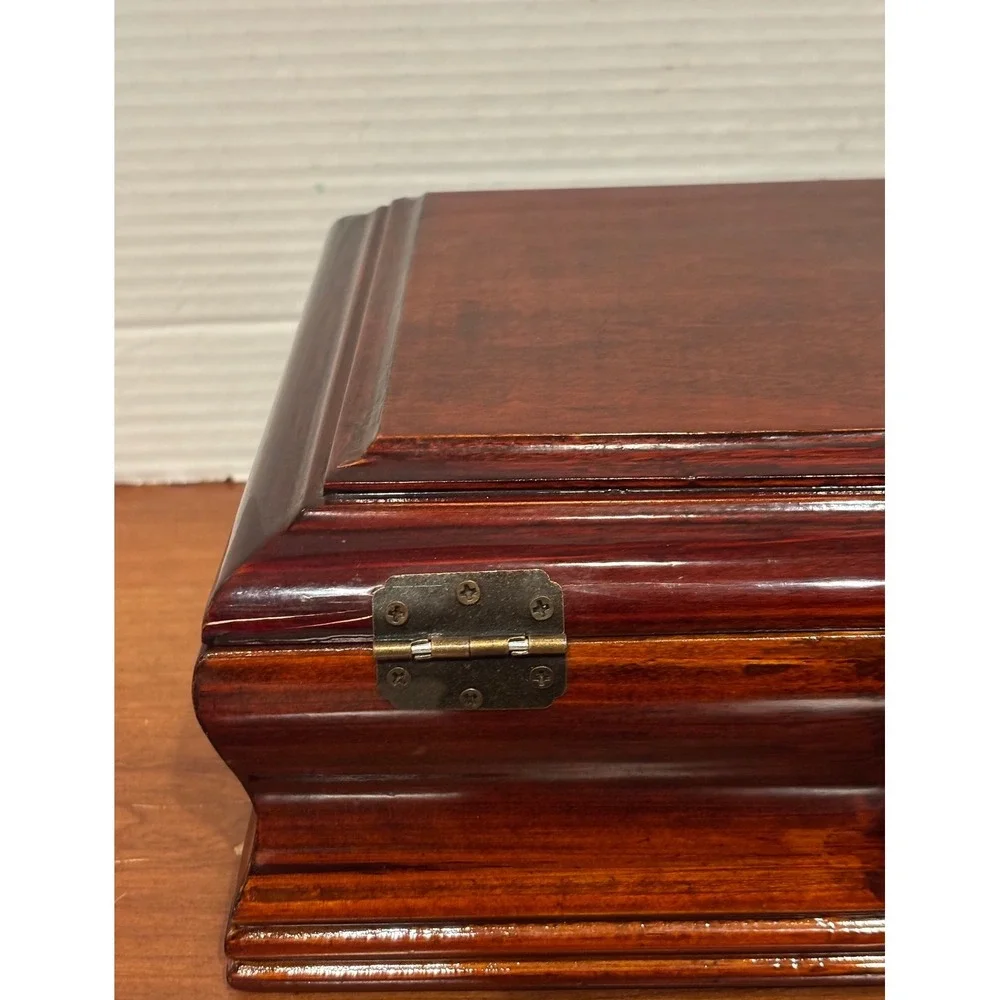 Vintage Wooden Keepsake Jewelry Box Cherry Finish Velvet Lined Brass Latch 11.5
